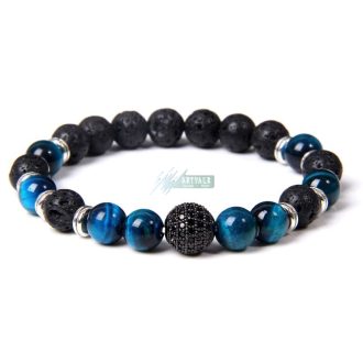   Kék tigrisszem - lávakő - fekete gömb cirkóniummal - ásvány karkötő