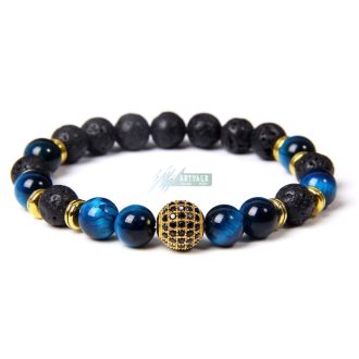   Kék tigrisszem - lávakő - arany gömb cirkóniummal - ásvány karkötő