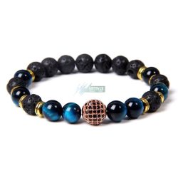   Kék tigrisszem - lávakő - rózsaarany gömb cirkóniummal - ásvány karkötő