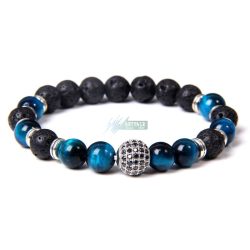   Kék tigrisszem - lávakő - ezüst gömb cirkóniummal - ásvány karkötő