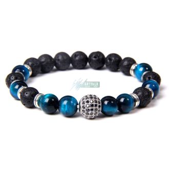   Kék tigrisszem - lávakő - ezüst gömb cirkóniummal - ásvány karkötő