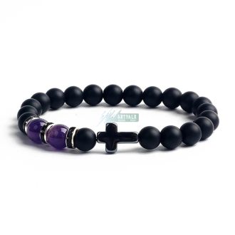   Ametiszt vagy Levendula ametiszt - matt fekete ónix - hematit kereszttel - ásvány karkötő