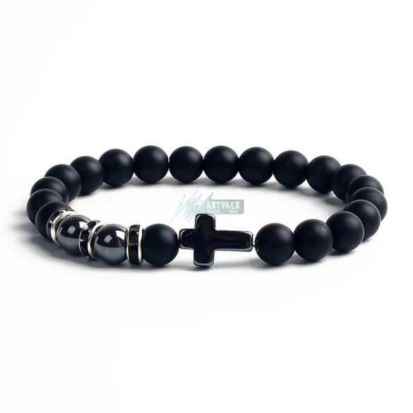 Hematit - matt fekete ónix - hematit kereszttel - ásvány karkötő