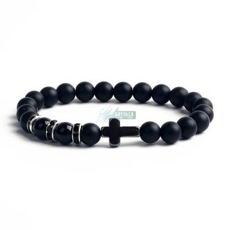   Obszidián - matt fekete ónix - hematit kereszttel - ásvány karkötő