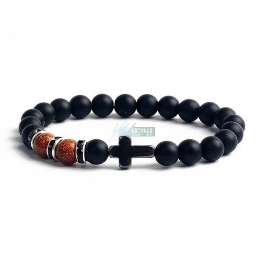 Goldflus (Goldsand és Bluesand) - matt fekete ónix - hematit kereszttel - ásvány karkötő