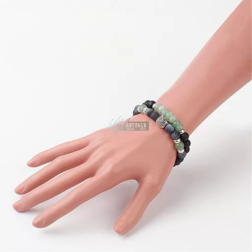 Bagoly - zöld aventurin - roppantott achát - matt óníx - páros ásvány karkötő