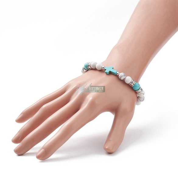 Howlit - kék türkiz - tibeti köztes - türkiz kereszttel, ásvány karkötő