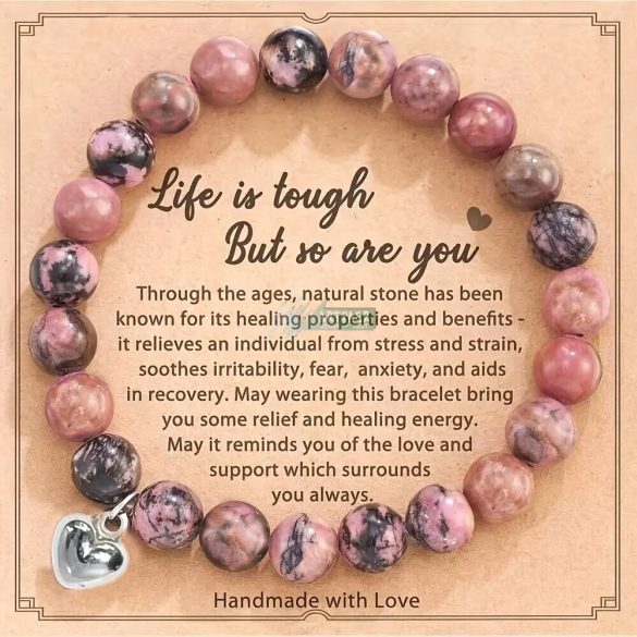 Rodonit - ezüst színű szív - ásvány karkötő