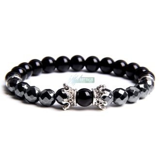   Ásvány karkötő fekete fényes és matt ónix és fazettált hematit - ezüstös  korona és kristályos köztes