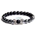 Ásvány karkötő fekete fényes és matt ónix és fazettált hematit - ezüstös  korona és kristályos köztes