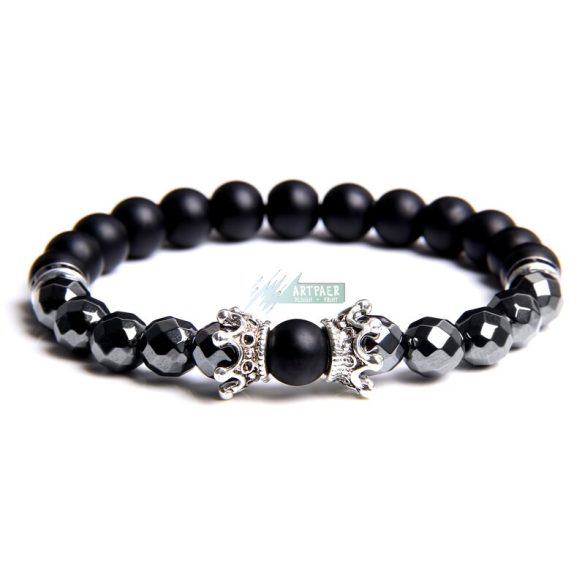 Ásvány karkötő fekete fényes és matt ónix és fazettált hematit - ezüstös  korona és kristályos köztes