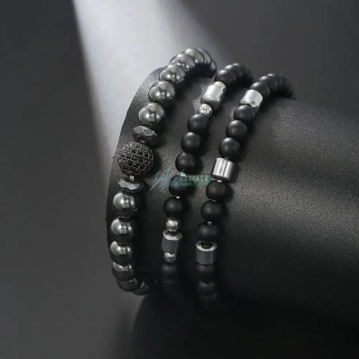 Ónix - hematit - fekete cirkónium kristályos gömb - ásvány karkötő 3 db-os szett