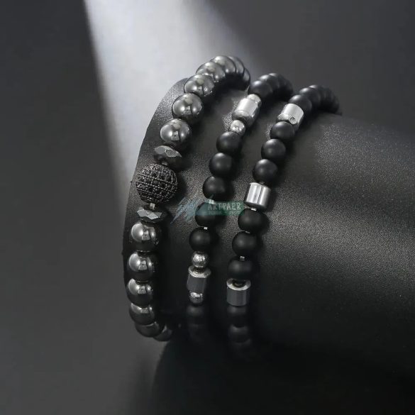 Ónix - hematit - fekete cirkónium kristályos gömb - ásvány karkötő 3 db-os szett