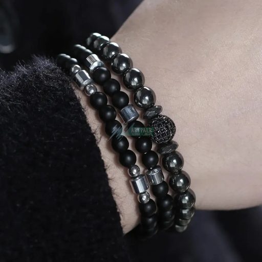 Ónix - hematit - fekete cirkónium kristályos gömb - ásvány karkötő 3 db-os szett