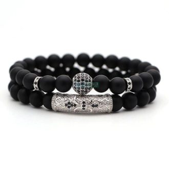   Fekete Ónix Cirkónium kristályos köztesekkel - ásvány karkötő 2 db-os szett