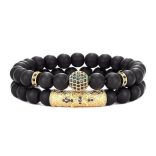 Fekete Ónix Cirkónium kristályos köztesekkel - ásvány karkötő 2 db-os szett