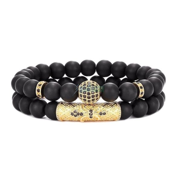 Fekete Ónix Cirkónium kristályos köztesekkel - ásvány karkötő 2 db-os szett