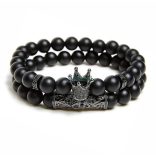 Fekete Ónix Cirkónium kristályos korona és köztesek - ásvány karkötő 2 db-os szett