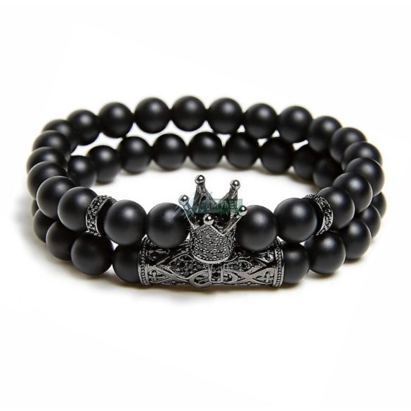 Fekete Ónix Cirkónium kristályos korona és köztesek - ásvány karkötő 2 db-os szett