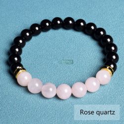   Ásvány karkötő fekete ónix és rózsakvarc - aranyozott vagy ezüstözött fekete kristályos fém köztes