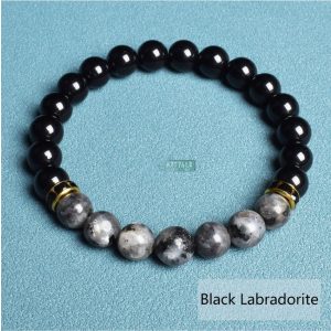 Ásvány karkötő fekete ónix és labradorit - aranyozott vagy ezüstözött fekete kristályos fém köztes