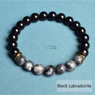   Ásvány karkötő fekete ónix és labradorit - aranyozott vagy ezüstözött fekete kristályos fém köztes