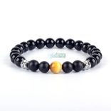 Ásvány karkötő fekete fényes és matt ónix, arany tigrisszem - aranyozott, ezüstözött vagy fekete hematit köztes