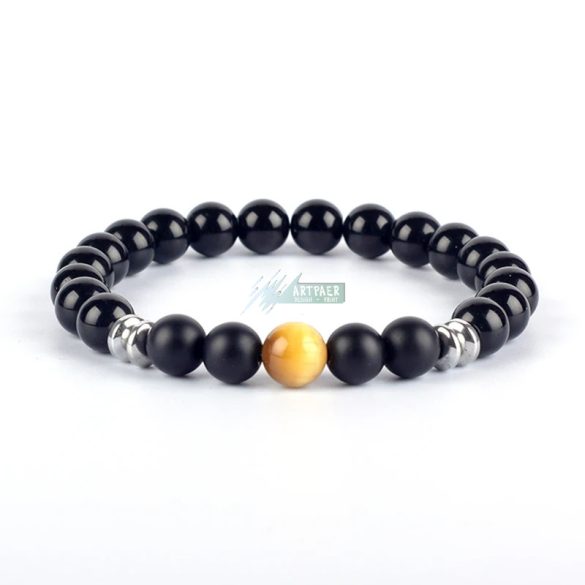 Ásvány karkötő fekete fényes és matt ónix, arany tigrisszem - aranyozott, ezüstözött vagy fekete hematit köztes