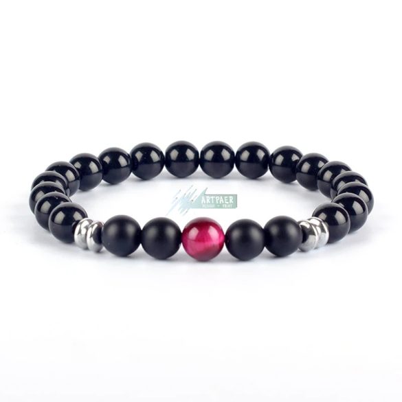 Ásvány karkötő fekete fényes és matt ónix, arany tigrisszem - aranyozott, ezüstözött vagy fekete hematit köztes