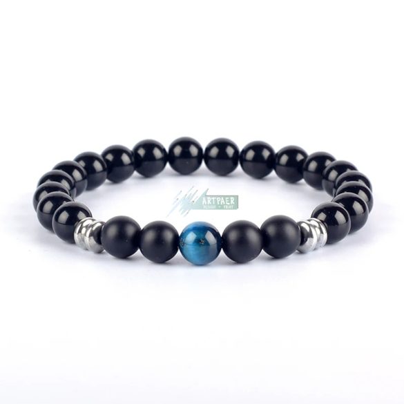 Ásvány karkötő fekete fényes és matt ónix, arany tigrisszem - aranyozott, ezüstözött vagy fekete hematit köztes