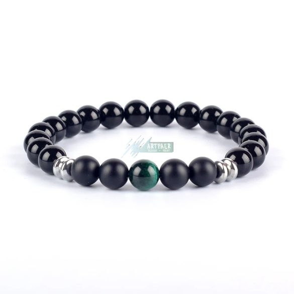 Ásvány karkötő fekete fényes és matt ónix, arany tigrisszem - aranyozott, ezüstözött vagy fekete hematit köztes