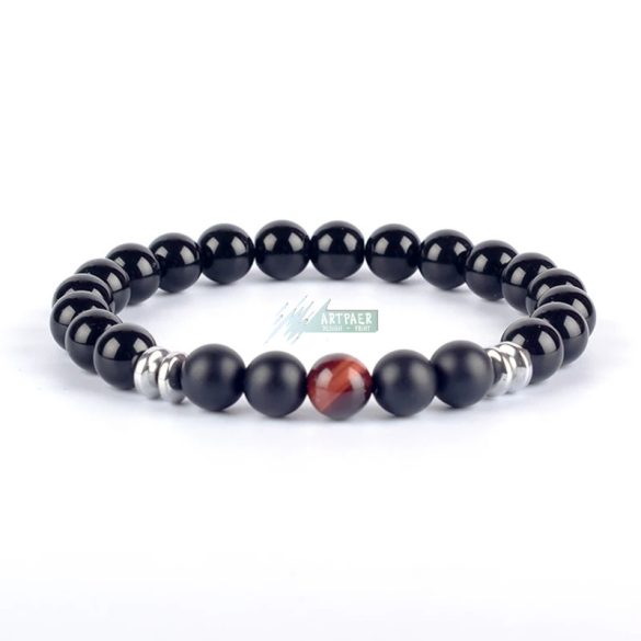 Ásvány karkötő fekete fényes és matt ónix, arany tigrisszem - aranyozott, ezüstözött vagy fekete hematit köztes