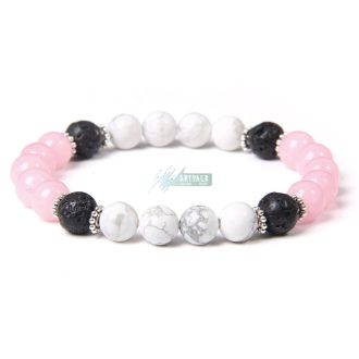   Ásvány karkötő Howlit, Lávakő és rózsakvarc - ezüstözött köztes