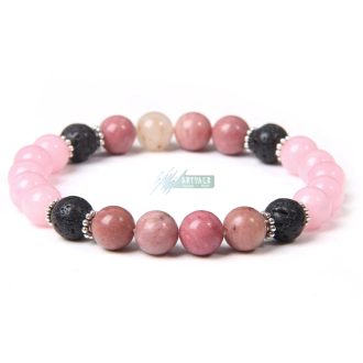   Ásvány karkötő Rodonit, Lávakő és rózsakvarc - ezüstözött köztes