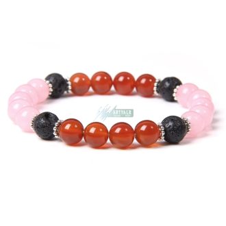   Ásvány karkötő Karneol, Lávakő és rózsakvarc - ezüstözött köztes