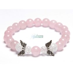   Ásvány karkötő rózsakvarc és hegyikristály - antik ezüstözött dupla angyalszárny