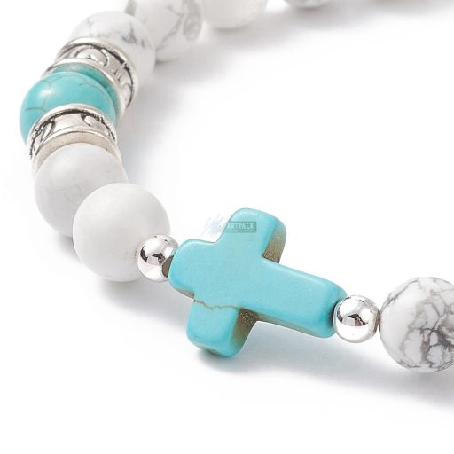 Howlit (magnesit), türkiz gyöngy és kereszt fém ötvozet köztes - ásvány karkötő