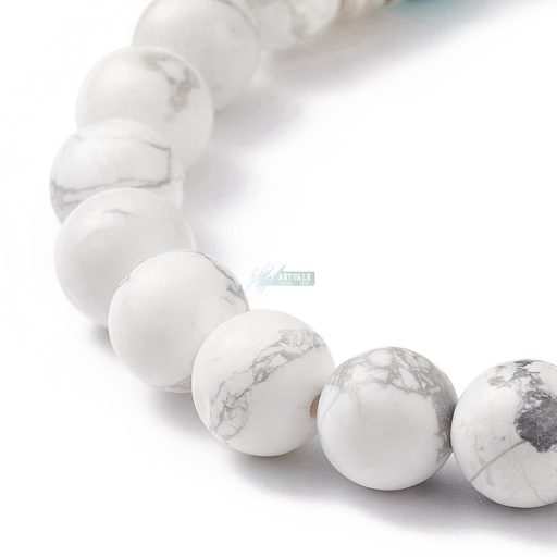 Howlit (magnesit), türkiz gyöngy és kereszt fém ötvozet köztes - ásvány karkötő