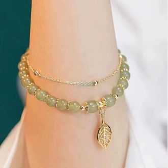   Kristályos levél függő, ásvány karkötő jáde aranyszínű köztes és lánc fémötvözet