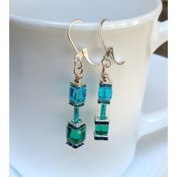   Modern kék - zöld kocka üvegkristály fülbevaló (1 pár)