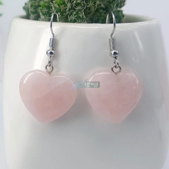 Szív alakú rózsakvarc medál - ezüstözött nemesacél akasztóval - ásvány fülbevaló (1 pár)