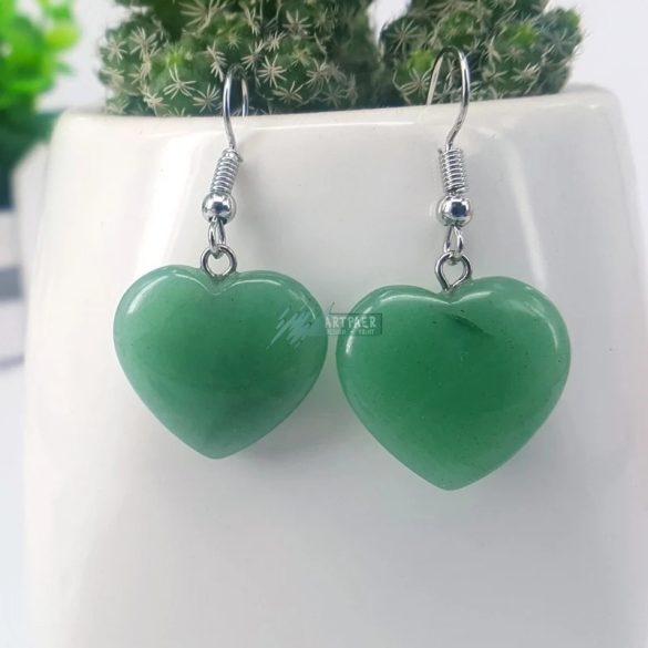 Szív alakú aventurin medál - ezüstözött nemesacél akasztóval - ásvány fülbevaló (1 pár)