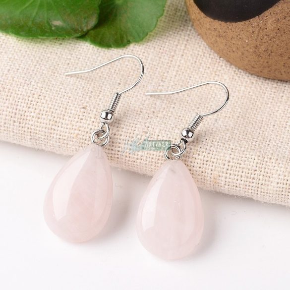Csepp alakú rózsakvarc - ezüstözött nemesacél akasztóval - ásvány fülbevaló (1 pár)