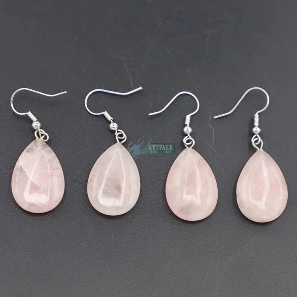 Csepp alakú rózsakvarc - ezüstözött nemesacél akasztóval - ásvány fülbevaló (1 pár)