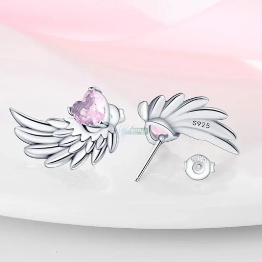 Fülbevaló 925 S ezüstözött angyalszárny mintás szív kristállyal (1 pár)