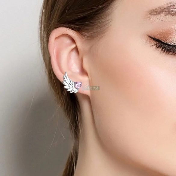 Fülbevaló 925 S ezüstözött angyalszárny mintás szív kristállyal (1 pár)