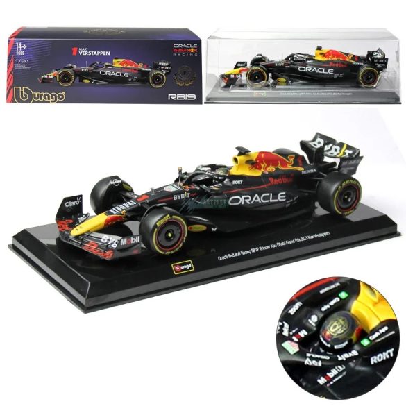 Bburago Prémium 1:24 modell 2023 F1 győztes Oracle Red Bull RB19 1 Max Verstappen - gyüjtőknek, vitrindobozban