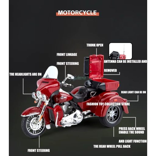 Harley-Davidson Trike Motormodell 1:9 méret - fekete, rajongóknak, gyüjtőknek 